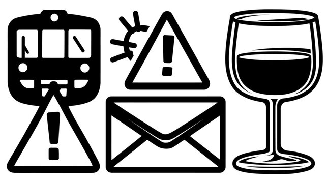 Large high contrast black icons of transport and warning.