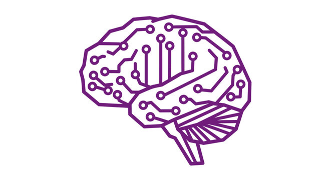 A purple digital brain icon featuring integrated circuit board patterns