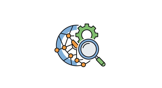 A digital illustration showing a magnifying glass over a global network connection
