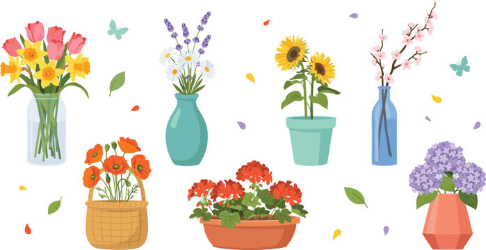 Beautiful Spring and Summer Flower Bouquets in Vases Pots and Baskets Set with Sunflower Tulip Lavender and Poppy Elements for Floral Graphics