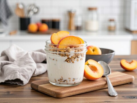 Healthy yogurt parfait with fresh peaches and granola