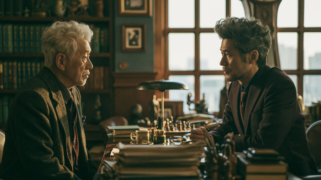 Two elderly, handsome South Korean men in suits, holding a meeting at their desks in the office on a sunny day