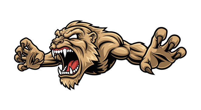 Powerful tan gorilla mascot with outstretched muscular arms.
