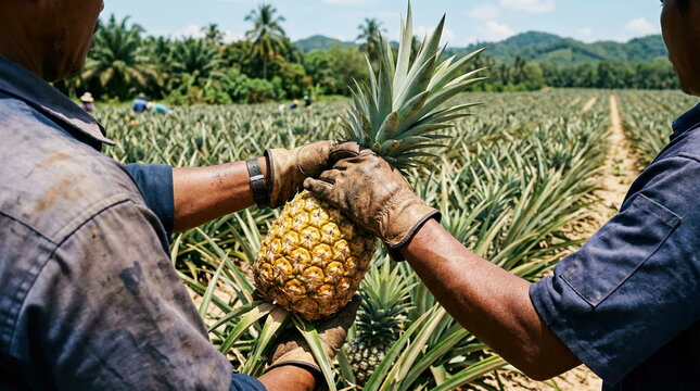 Pineapple harvesting, workers picking ripe fruit by hand in vast tropical plantation under sunny sky, agricultural industry and fresh produce concept.