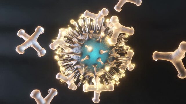 Abstract antibodies neutralizing virus particle immunology 3D animatio