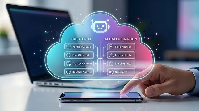 Conceptual comparison of trusted AI vs. AI hallucination, with trusted AI features like verified source and fact checked against AI hallucination issues like fake answers and incorrect info.