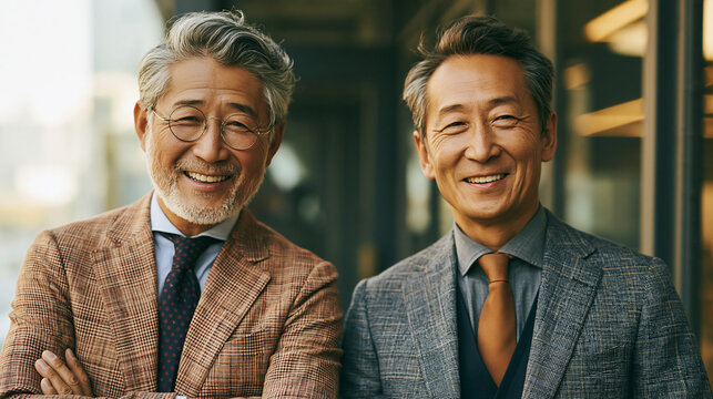 Two old beautiful smiling South Korean men posing summer suits in office on a sunny day