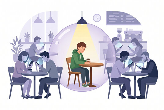 Jeune personne isol&eacute;e dans un caf&eacute; bond&eacute; entour&eacute;e de gens sur leurs t&eacute;l&eacute;phones, paradoxe de la solitude num&eacute;rique