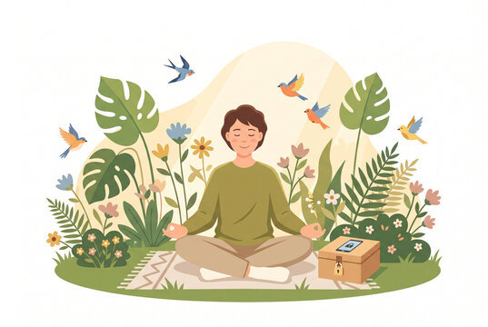 Personne en m&eacute;ditation dans la nature pratiquant la d&eacute;tox num&eacute;rique, concept de bien-&ecirc;tre et d&eacute;connexion digitale