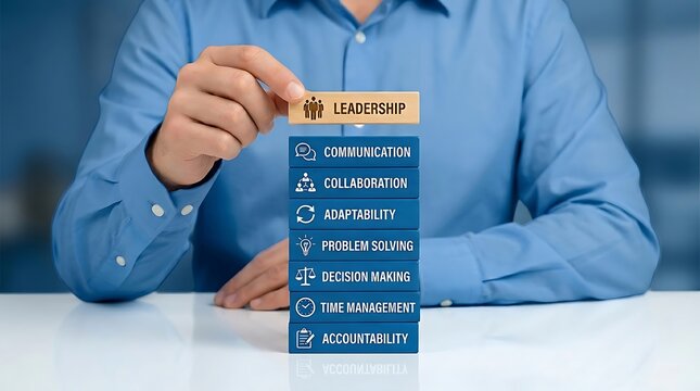 Leadership Skills Stack: Conceptual Visualization of Effective Management Attributes with Communication, Collaboration, and Problem Solving Clearly Displayed