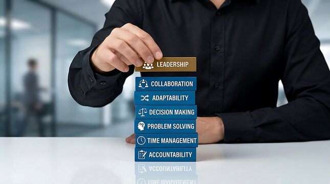 Businessman stacking blocks representing key leadership qualities including collaboration, adaptability, decision making, problem solving, time management, and accountability in an office setting.