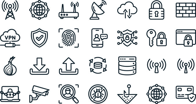 Vector outline icon collection featuring network security systems cyber data protection firewalls fingerprint biometric scanning secure encryption and internet privacy symbols.