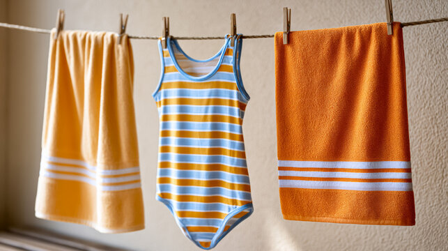 Striped swimsuit and orange towels hanging on clothesline indoors