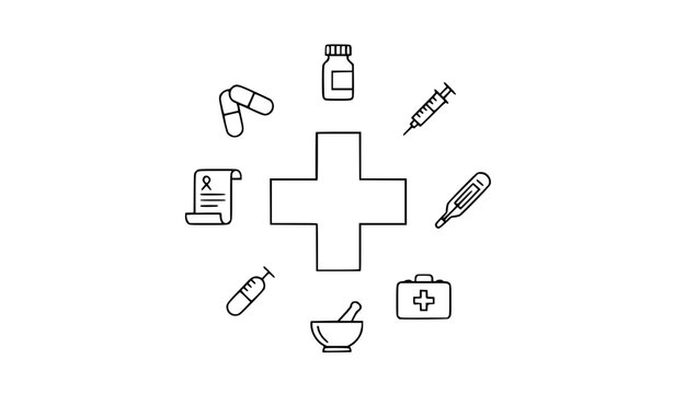 Monochrome pharmacy line icon set with medicine pills prescription syringe and medical equipment vector illustration isolated on white