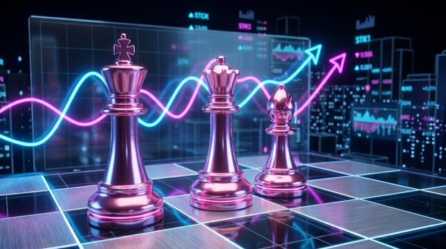 Chessboard glows with neon kings and graphs; surreal ceremony of strategy and analytics, duality of tradition and AI, abstract echoes of heritage, awareness, and identity.