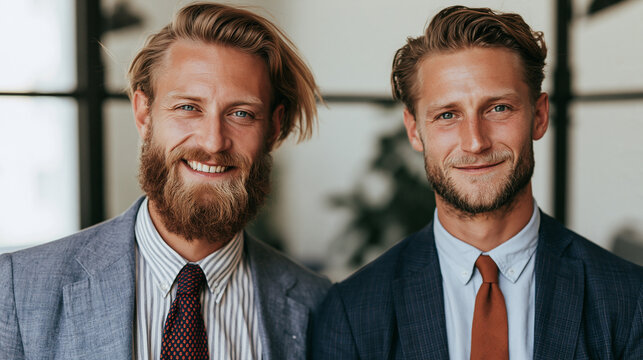Two young beautiful smiling Scandinavian men posing summer suits in office on a sunny day