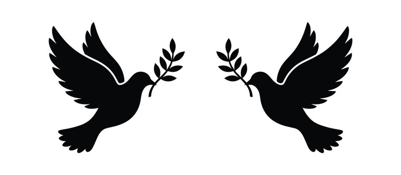 Black silhouette of two doves with olive branches in their beaks Vector