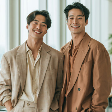 Two young beautiful smiling South Korean men posing summer suits in office on a sunny day