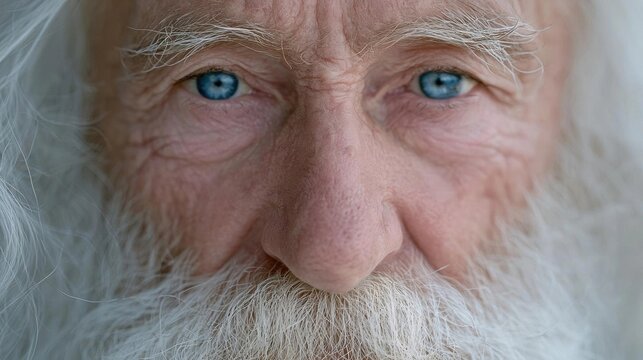 Close-up portrait of an elderly man's face. he has a white beard and mustache, and his eyes are a deep blue color. his eyebrows are wrinkled and his nose is slightly upturned.