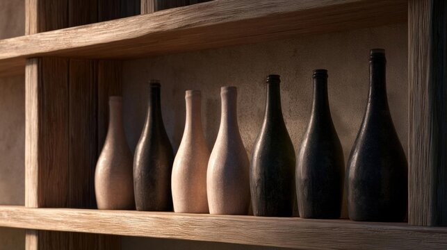 Wooden shelf with six empty wine bottles arranged in a row. the bottles are of different sizes and shapes, with the largest one in the center and the smallest one on the right side.