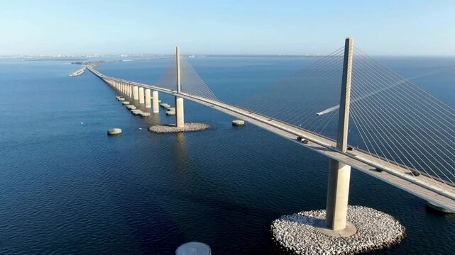 Aerial view of the sunshine skyway bridge spanning across tampa bay in florida, united states