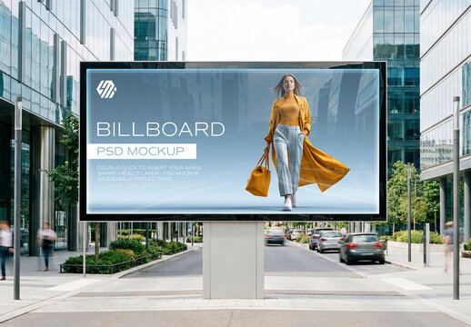 Large Horizontal Billboard in Clean Modern City Mockup &ndash; Front View