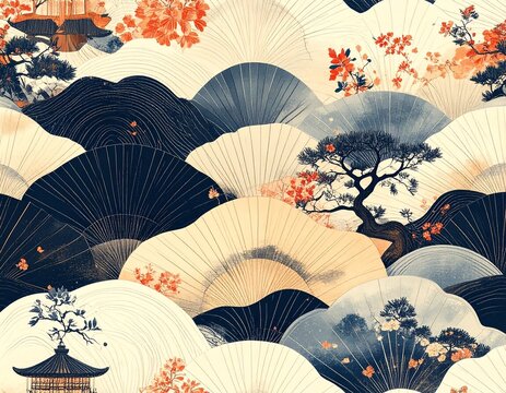 Japanese traditional seamless pattern with fans and pine trees