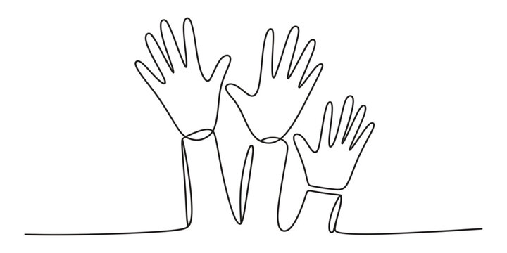 Continuous single line drawing of three hands raised up in the air