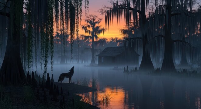 Atmospheric Bayou Landscape with a Howling Wolf and a Remote Cabin During a Vibrant Sunset