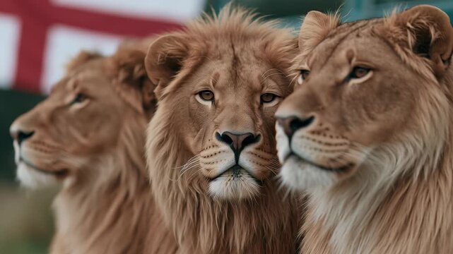 Group of three majestic male lions standing side by side against a red and white St George flag background representing English soccer pride