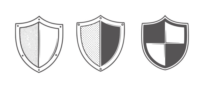 Three stylized shields with dotted and solid patterns security protection emblem