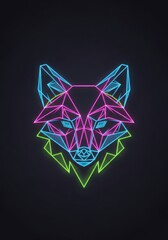 Obraz premium Neon Geometric Fox Head Illustration, Low Poly Animal Art with Glowing Pink, Blue, and Green Lines on Dark Background