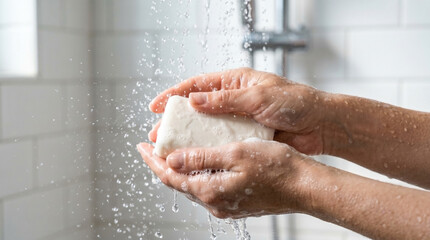 Fototapeta premium Washing hands with bar soap in shower, water splashing around hands, bar soap held firmly for effective cleaning. Daily life ritual emphasizes hygiene and self-care routine.
