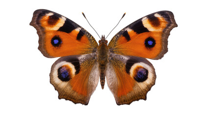 Detailed peacock butterfly with orange black and blue eye spots, isolated on transparent background © AnaMaria