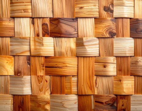 Textured interwoven wood blocks creating a natural 3D wall pattern