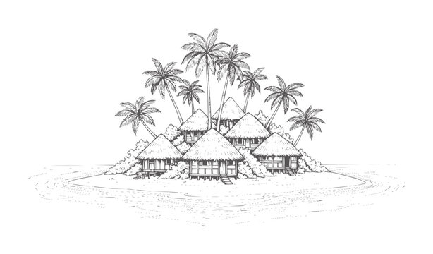 Tropical island with thatched roof bungalows and palm trees