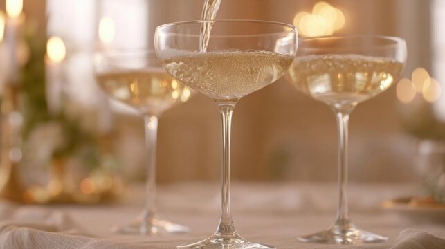 Three champagne glasses on a table with a blurred background. the glasses are filled with a golden-colored liquid, which appears to be champagne, and are being poured into one of them.