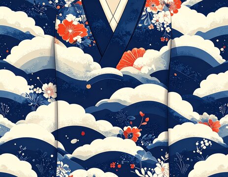 Traditional Japanese kimono pattern with clouds waves and flowers