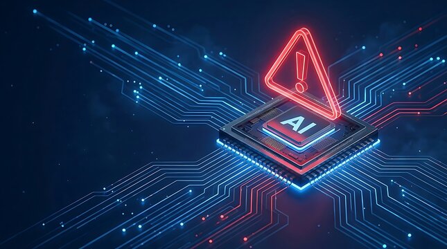 Artificial Intelligence chip with red warning sign and glowing circuits represents AI danger, error, or critical system failure concept