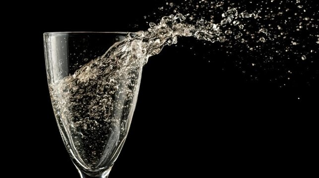 Close-up of a champagne glass with water splashing out of it. the glass is transparent and appears to be made of clear glass. the water is splashing in all directions, creating a wave-like effect.