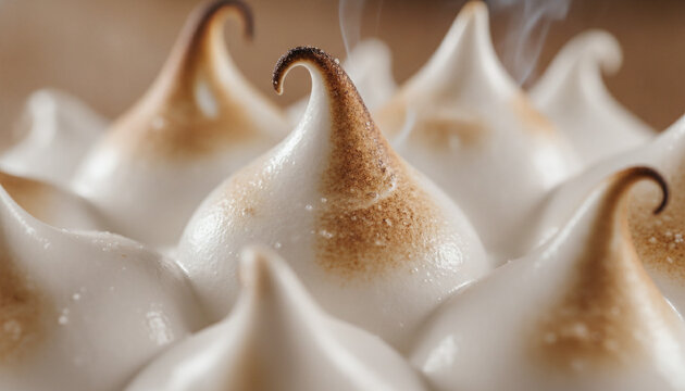 Scorched Italian meringue peaks macro with caramelized golden brown gradient