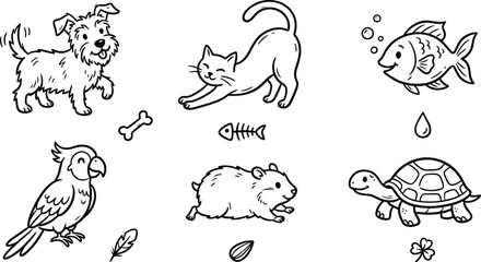 Fototapeta premium Cute Domestic Pet Animal Line Art Vector Set with Dog Cat Fish Parrot Hamster and Turtle for Children Coloring Pages