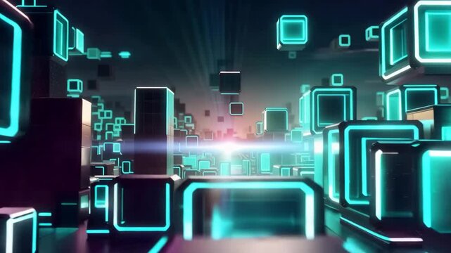 Glowing blue cubes floating in a futuristic digital space with neon lights