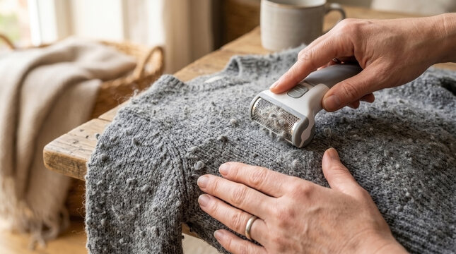 Removing pilled fabric from cozy grey sweater using lint remover. Detailed process shows hand holding device while treating soft fabric on wooden table.