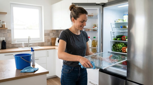 Woman removing fridge shelves and cleaning interior with bucket in modern kitchen. Cleaning process includes removal of glass shelves and organizing food items like vegetables and drinks.