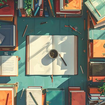 A cluttered study space with books, coffee, and scattered papers