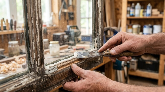 Repairing cracked window putty with skilled hands applying fresh putty to wooden frame in workshop. Repair involves precise craftsmanship, ensuring weatherproofing and restoration.