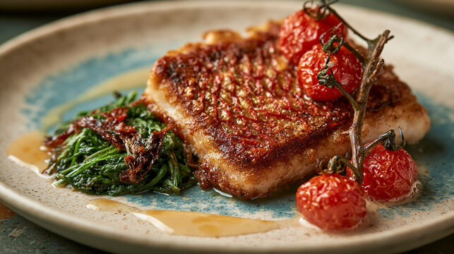 A high-end minimalist restaurant dish featuring a perfectly pan-seared wild red mullet fillet, skin side up, showing a crispy, golden-red textured skin