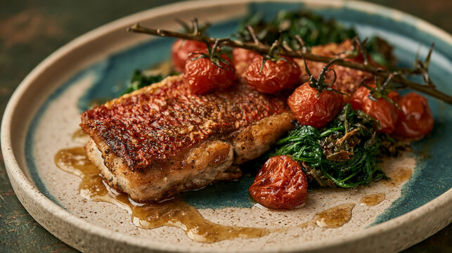 A high-end minimalist restaurant dish featuring a perfectly pan-seared wild red mullet fillet, skin side up, showing a crispy, golden-red textured skin