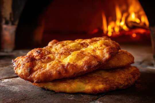 Fresh fried flatbread baking in wood-fired oven